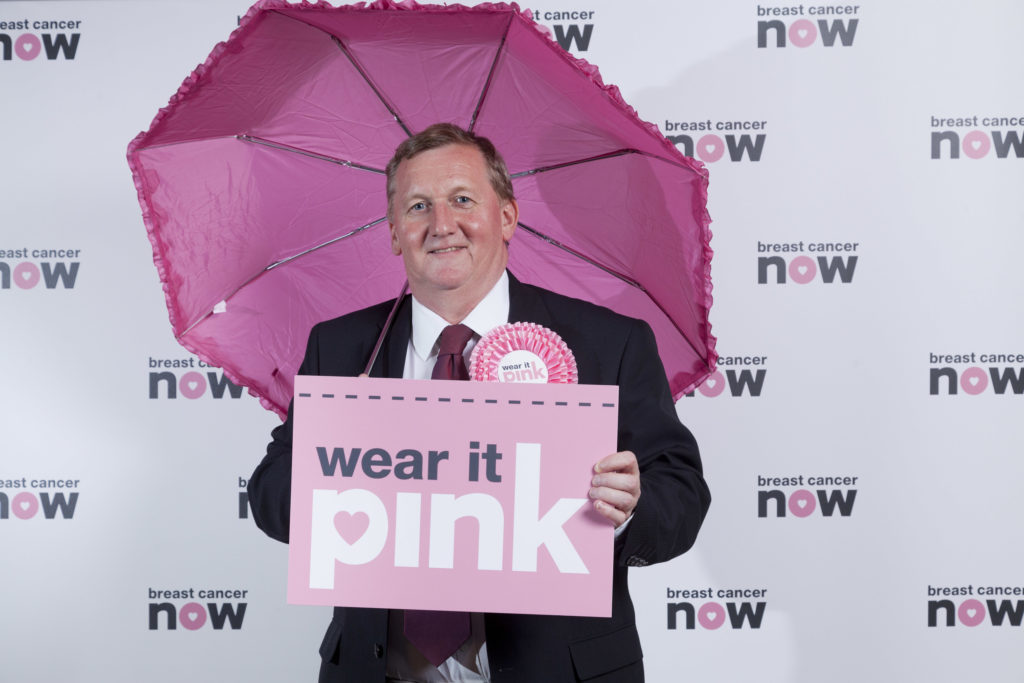 Alex Rowley MSP wears it pink in Holyrood in aid of Breast Cancer Now.